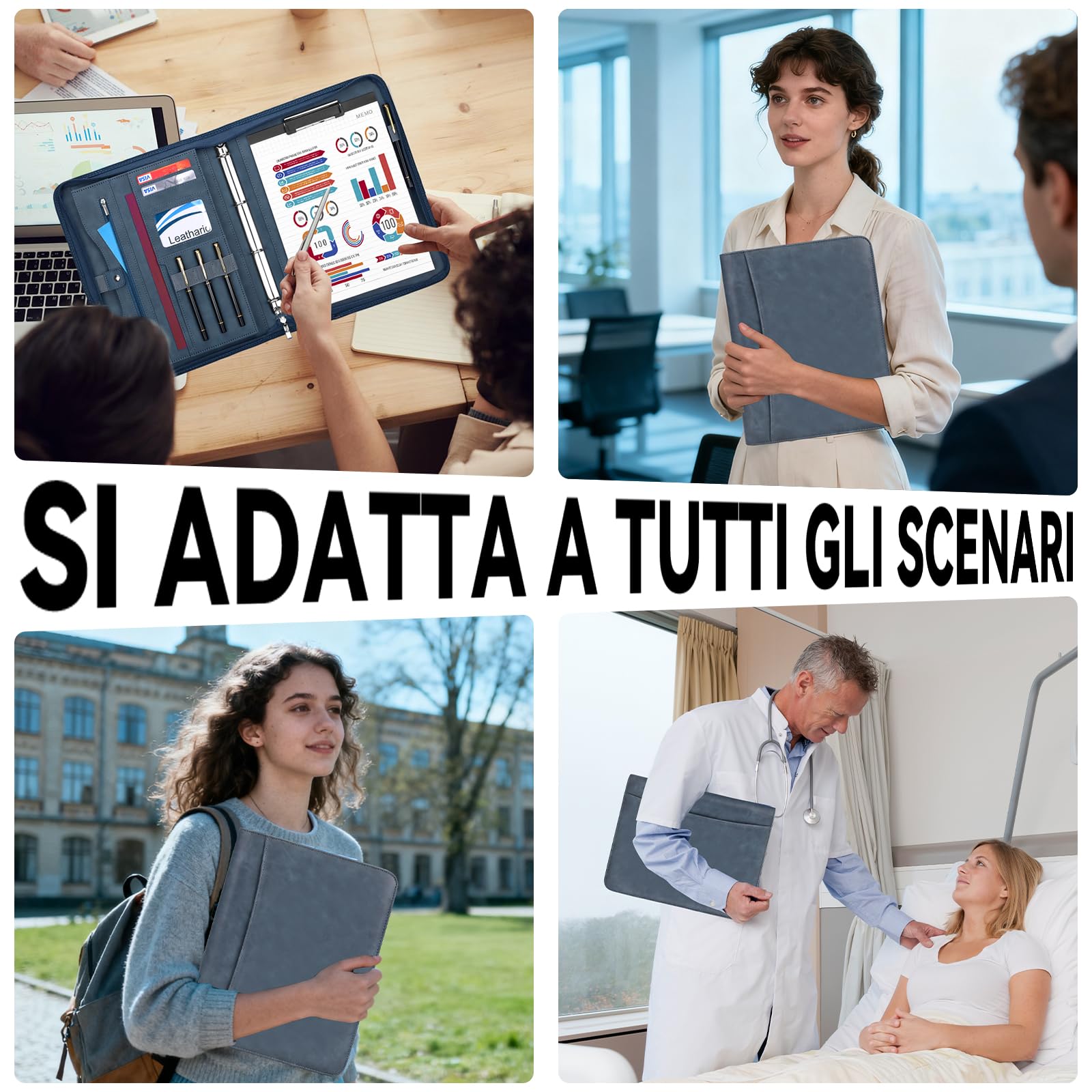 Leathario Cartellina Portadocumenti A4 con Cerniera, Organizer 10 Buste Trasparenti, Raccolgitore ad Anelli, Portadocumenti da Viaggio per Ufficio