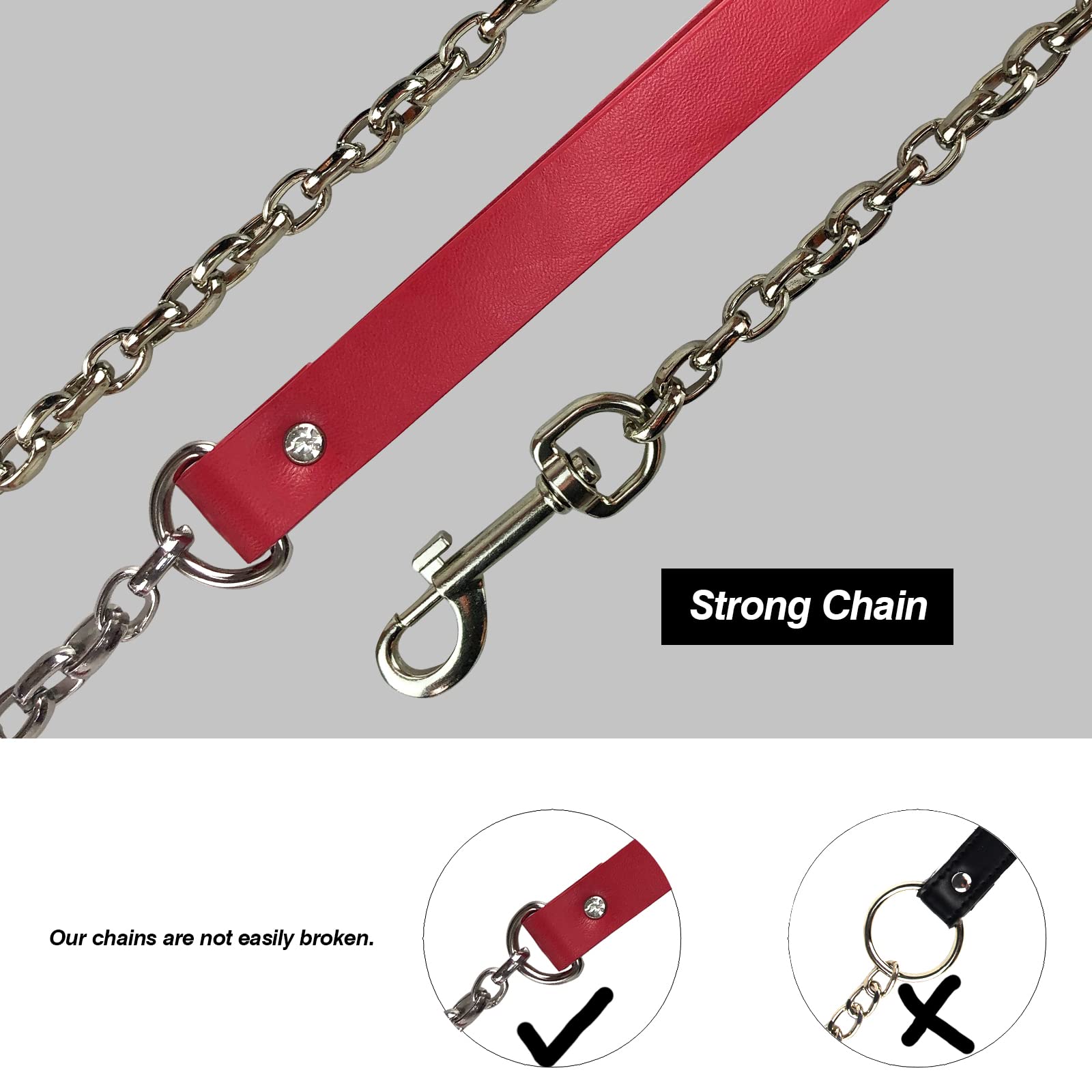 Gargantilla de cuero para mujer, con forro de piel sintética, collar para mascotas con cadena larga y duradera desmontable, color rojo