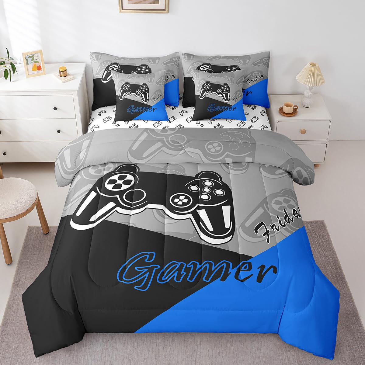 Feelyou Gaming Bed in a Bag for Boys Teen Video Game 7 Piece Bedding Set Twin Size for Kids Gamer Comforter Set with Sheets for All Season Gamepad Home Decor Bed Set Blue Black Grey