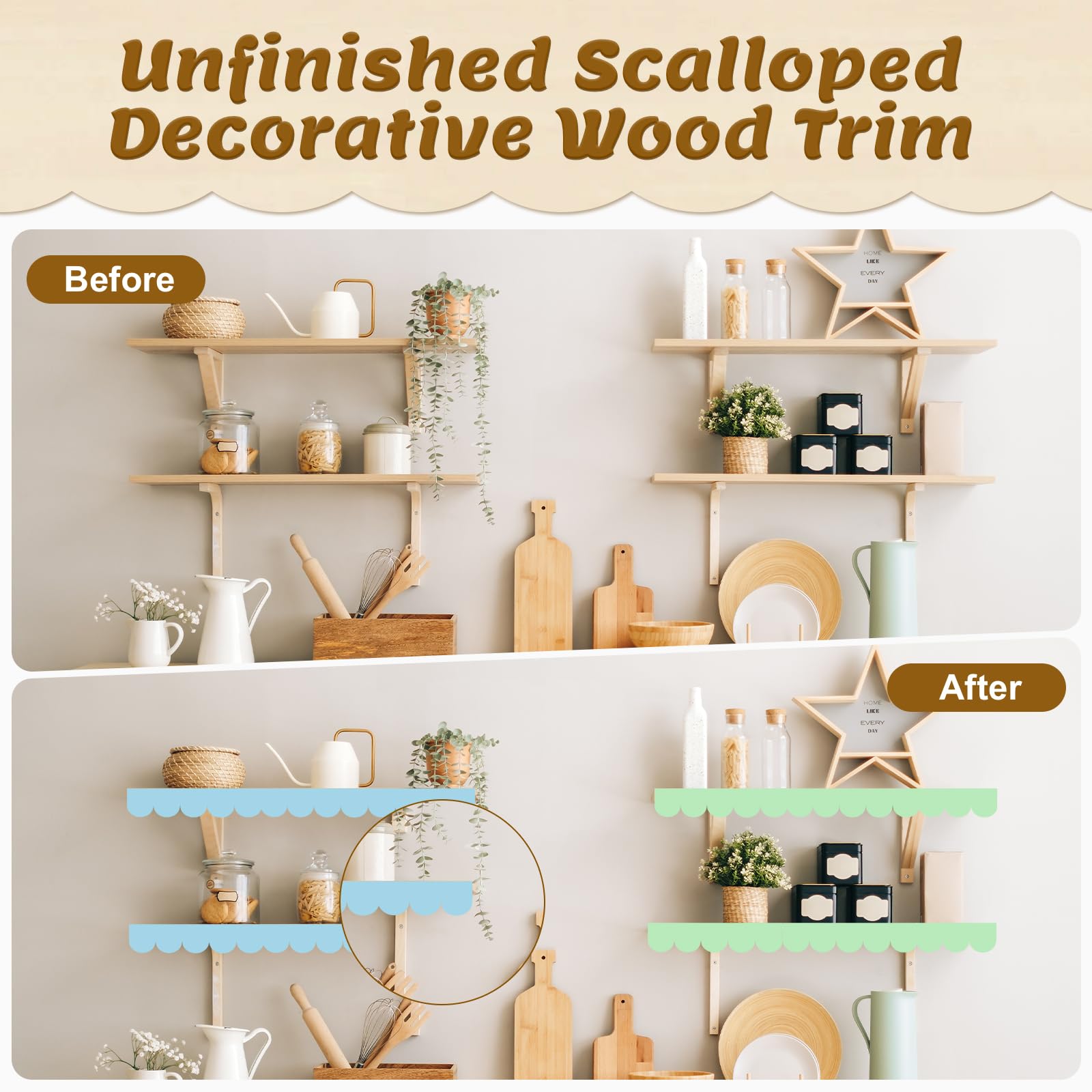 Dekorative Holzleisten mit gewelltem Rand, 30 Stück, unlackiertes Holz, dekorative gewellte Kanten, 41,5 x 8,8 cm, DIY-Holzleiste für Schrank, Regal, Rahmen, Wand und Tür