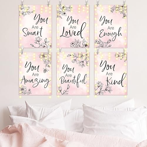 Rtteri Tapiz floral rosa de 12 x 16 pulgadas, 6 piezas con citas inspiradoras LED de luz, decoración de pared, tapiz cristiano gris y rosa,