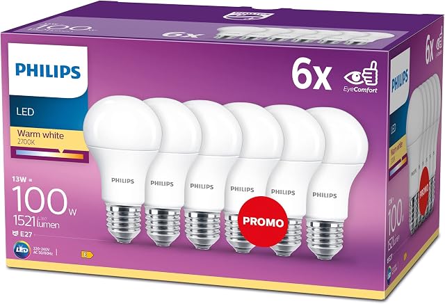 Philips Żarówka Led, E27 13 W = 100 W 2700 K, Ciepła Biel, 6 Sztuk