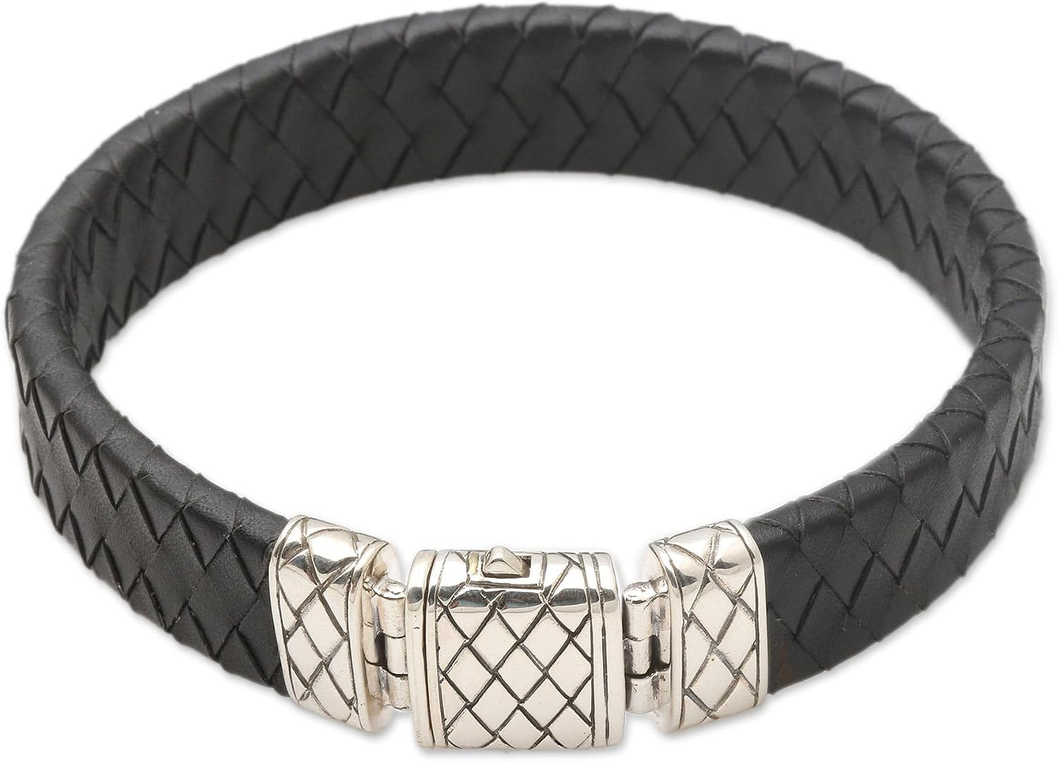 NOVICA Artisan Handmade Men's Leather Sterling Silver Wristband Bracelet Black No Stone Indonesia Modern [bracelet 9 in L x 0.6 in W Fits Wrist Size 8.25 in L] ' Adaptation'