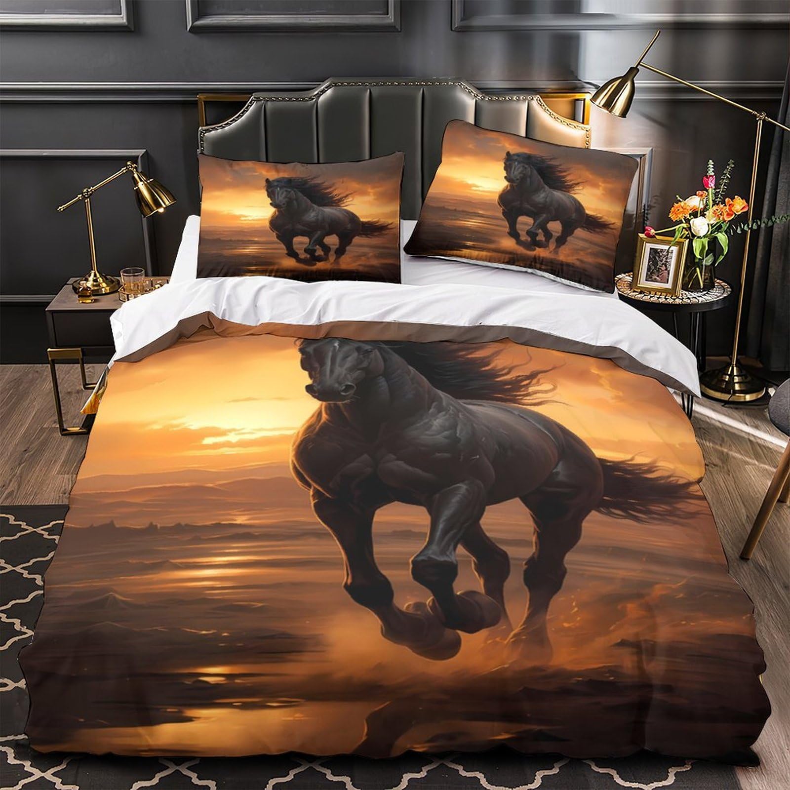 Parure de lit cheval noir 140x200 housse de couette single
