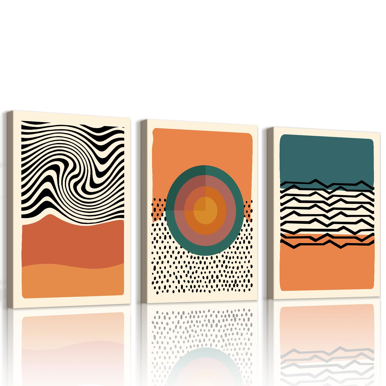 WENGTIAO Set of 3 Vintage Mid-Century Abstract Canvas Wall Art Framed Pictures, Minimaliste Bright Orange Block Lines Painting on Canvas for Modern Living Room Bedroom Wall Decor 30x40cmx3