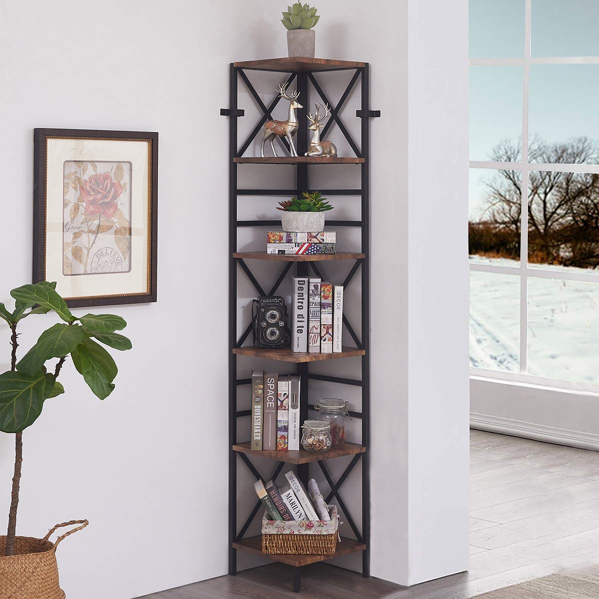 Homissue 6 Tier Industrial Corner Shelf Unit, Tall Bookcase Storage
