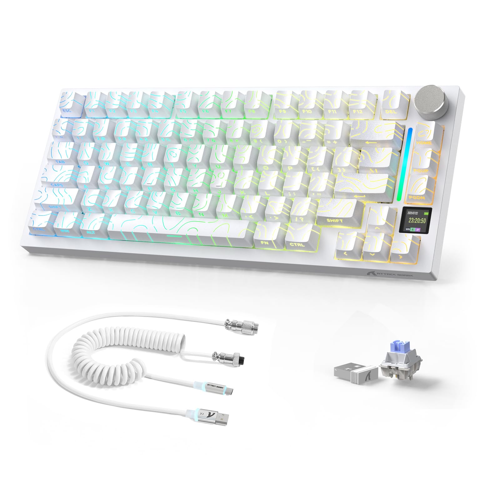 AJAZZ X ATTACKSHARK X820Ultra 75% Wireless&C01Ultra Mechanical Keyboard, 2.4G/BT/USB-C, 80 Keys with TFT Color Screen and CNC Button, RGB, Hot Swappable, 4000mAh-White Outlines (Shark Switch)