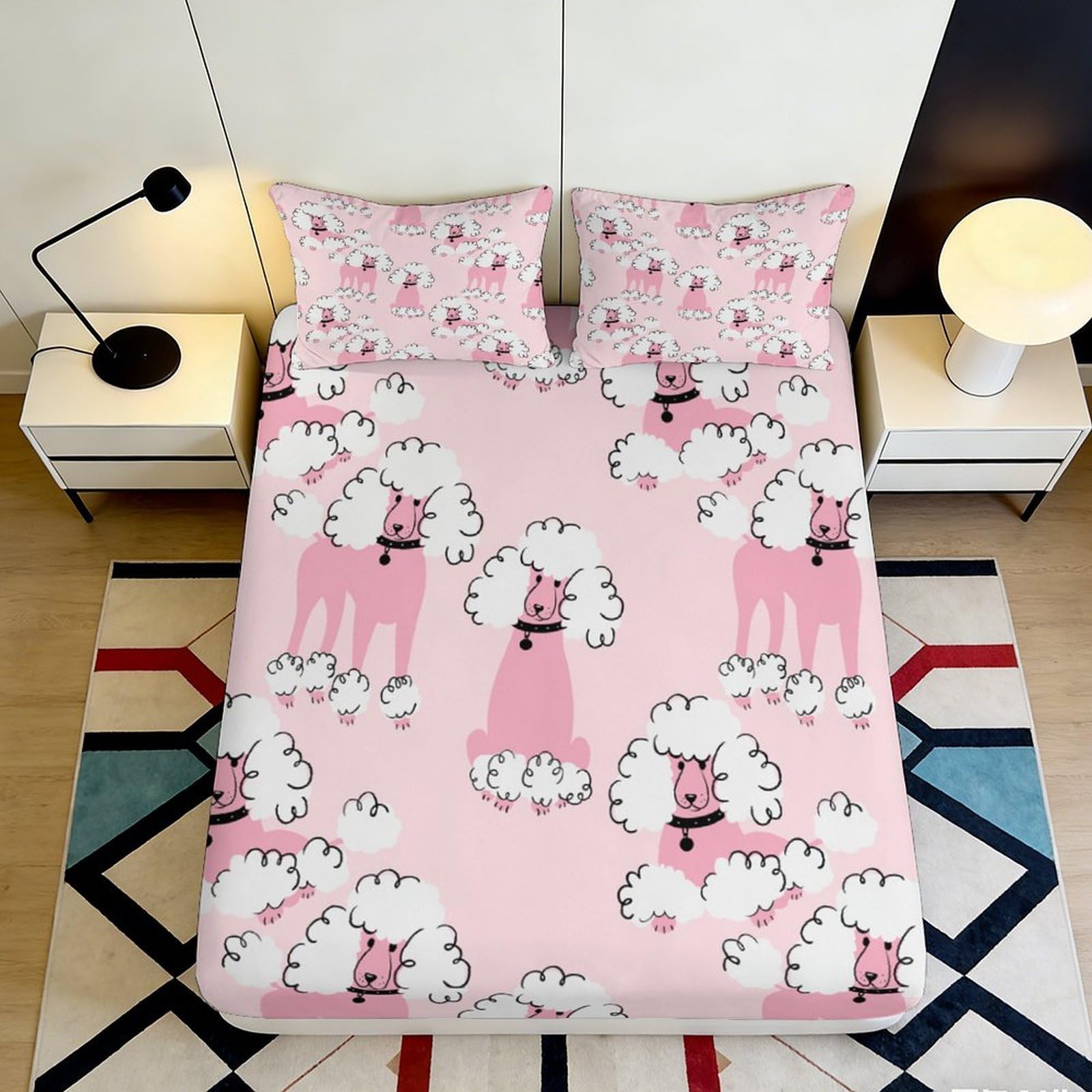 3D Printed Pink Poodle Fitted Sheet Microfiber Soft Bed Cover Cartoon Dog Pattern for Bedroom Guest Room Easy Care 200x200x25cm