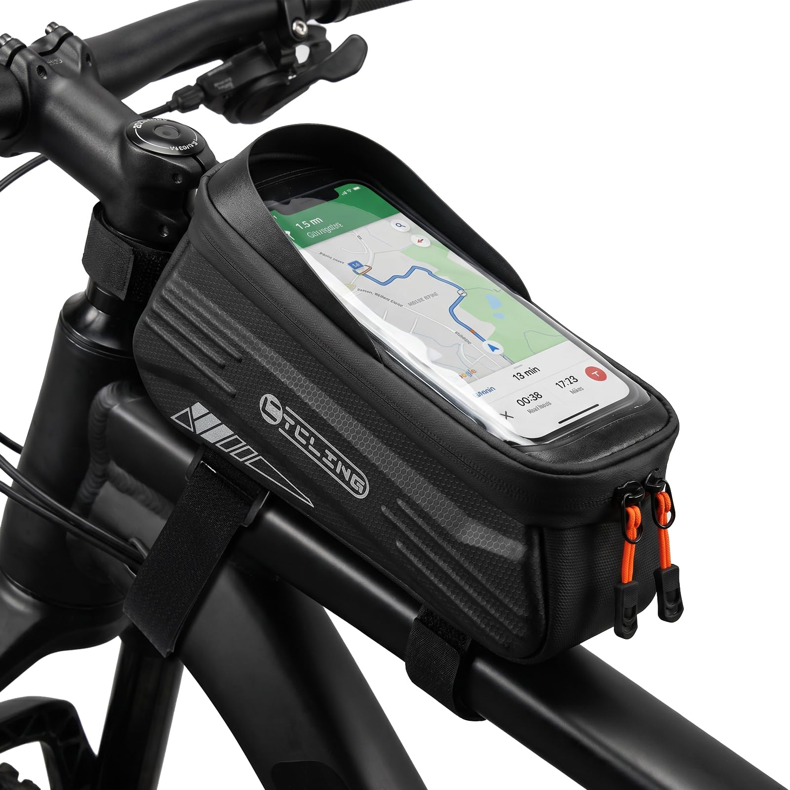 NDakter Bike Phone Bag, Waterproof Top Tube Bicycle Front Frame Bag with TPU Touch, EVA Hard Shell Bike Phone Holder Bag 1.9L Large Capacity Cycling Pouch for Phones Under 7", E-Bike Accessories