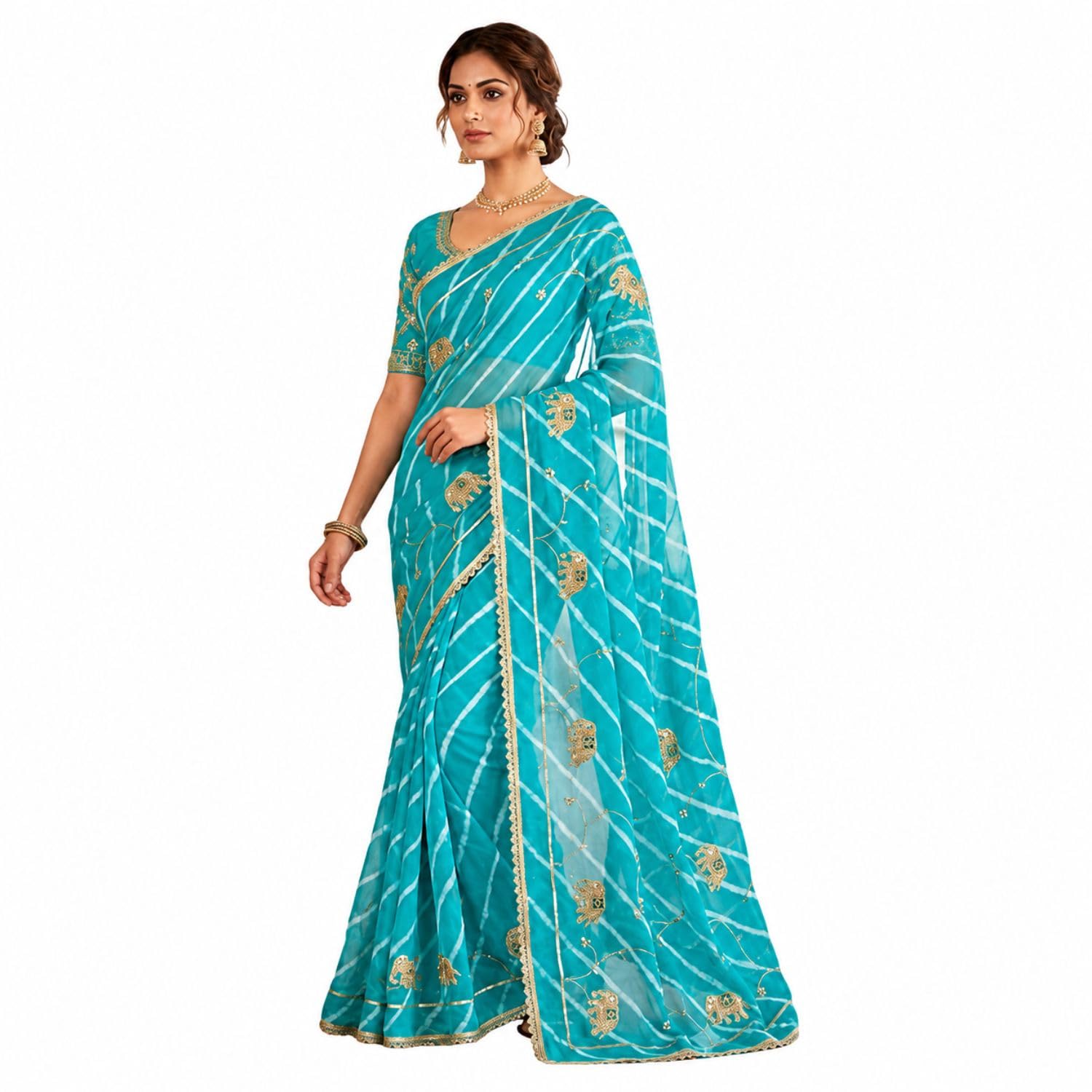Women's Turquoise Blue Organza Saree with Golden Elephant Embroidery | Leheriya Stripe Design | Embroidered Border | Festive, Party | Unstitched Blouse Piece-image-24