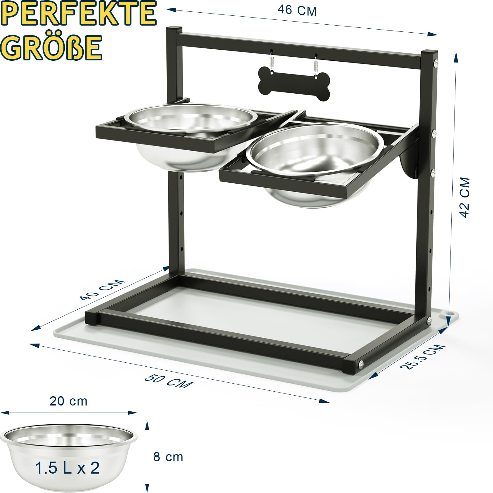 Hundenapf Erhöht mit 4 Höhenverstellbaren 10° Geneigten – 2 Edelstahl-Hundenäpfe (1,5 L x 2) und Auslaufsichere Matte, Perfekte Stabile Ständer für Hundenapf Geeignet für Groß, Mittel und Klein Hunde