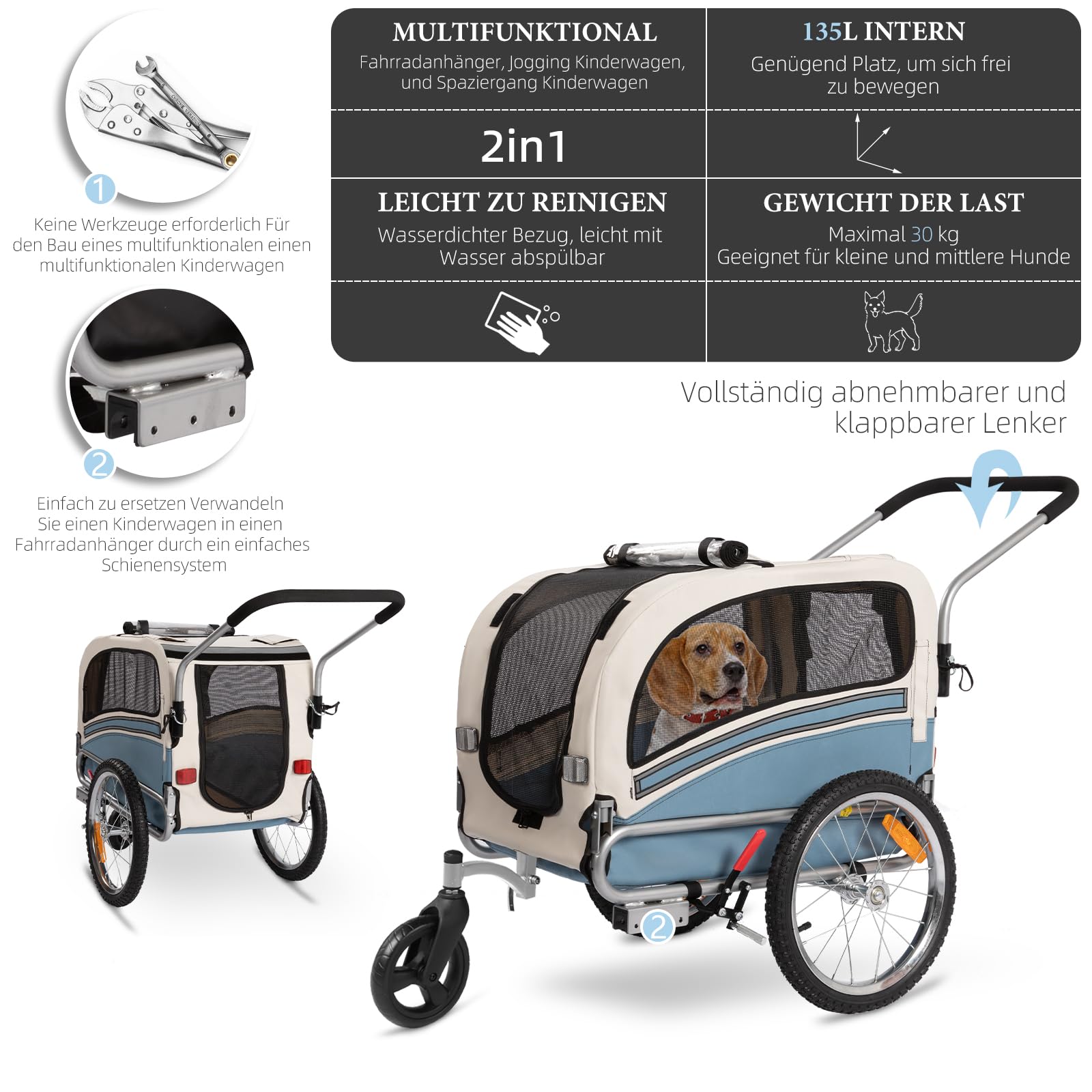 Rimorchio per cani 2 in 1 per bicicletta e jogging – Carrello per cani fino a 30 kg pieghevole con freni, bandierina di segnalazione, uso esterno e domestico, facile da montare
