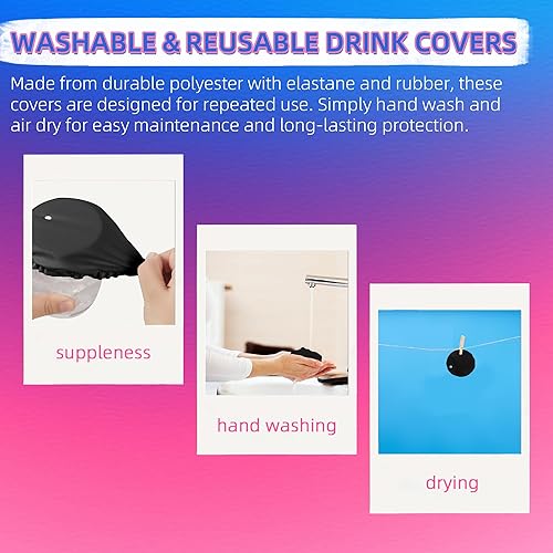Miniatura 5 de Paquete de 15 fundas elásticas universales para bebidas, protector de bebidas para mujeres con agujero para popote y banda elástica lavable de
