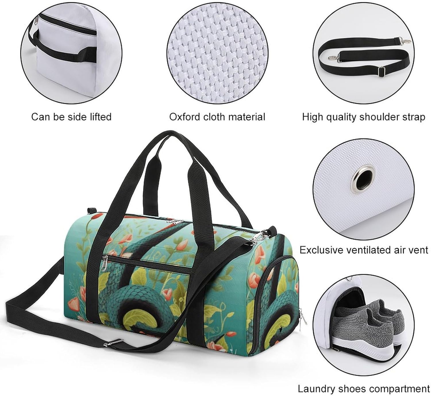 Gym Bag for Men Travel Duffle Bag Snake And Flower Tote Bag Weekender Duffel Bag Weekender Bag for Sports
