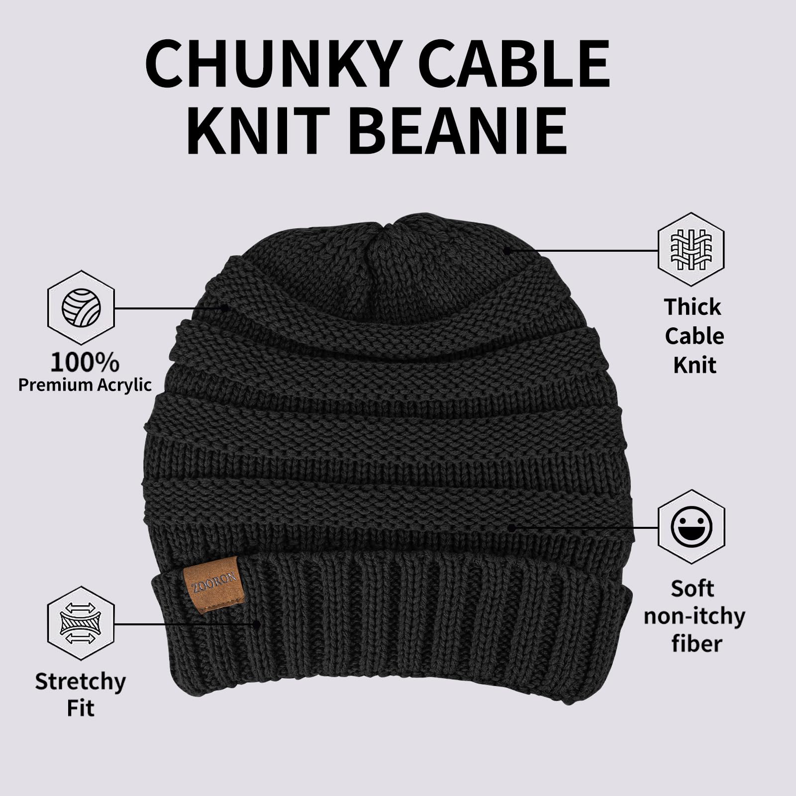 ZOORON Womens Winter Hat Slouchy Beanies for Women Cable Knit Winter Beanie Hats for Women Thick Cold Weather - Beanies Women, 1pack- Black, 7-7 3/8