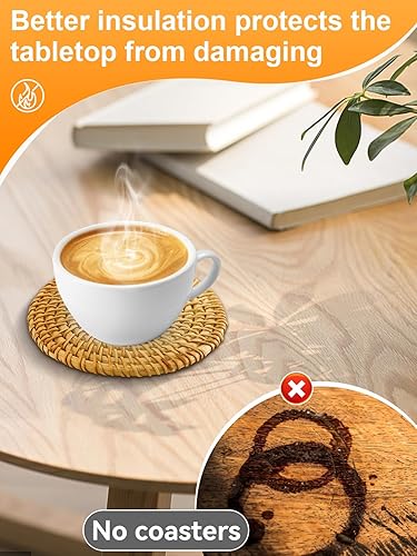 Miniatura 4 de 6pcs Handmade Rattan Coasters with Holder, Natural Wicker Boho Coasters Set, Heat-resistant Drink Coasters for Coffee Table Housewarming Gifts Hot