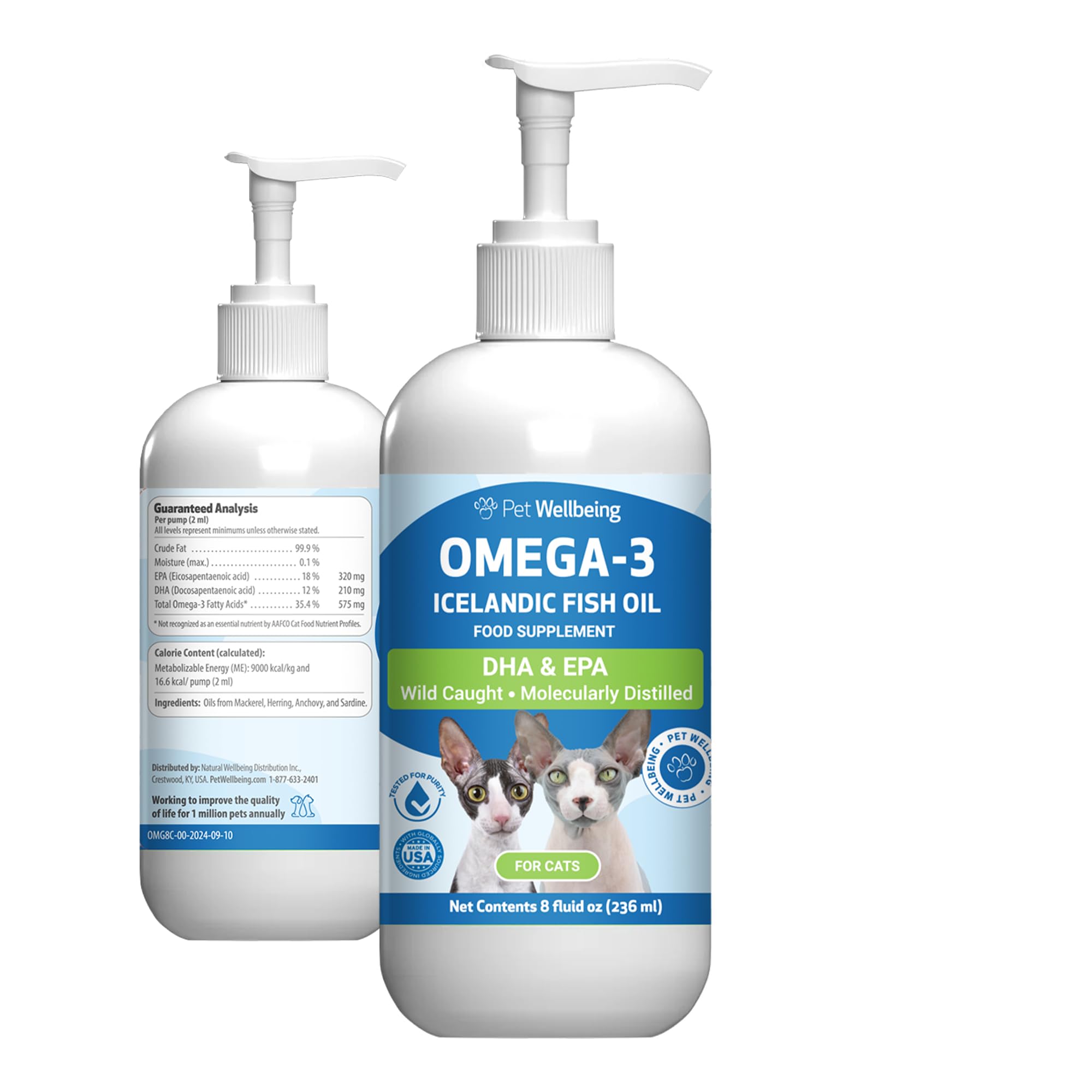 Pet Wellbeing Omega-3 Icelandic Fish Oil for Cats - Wild-Caught, Cold-Water Fish, Healthy Skin and Coat, Joint Health and Mobility, Fatty Acids,