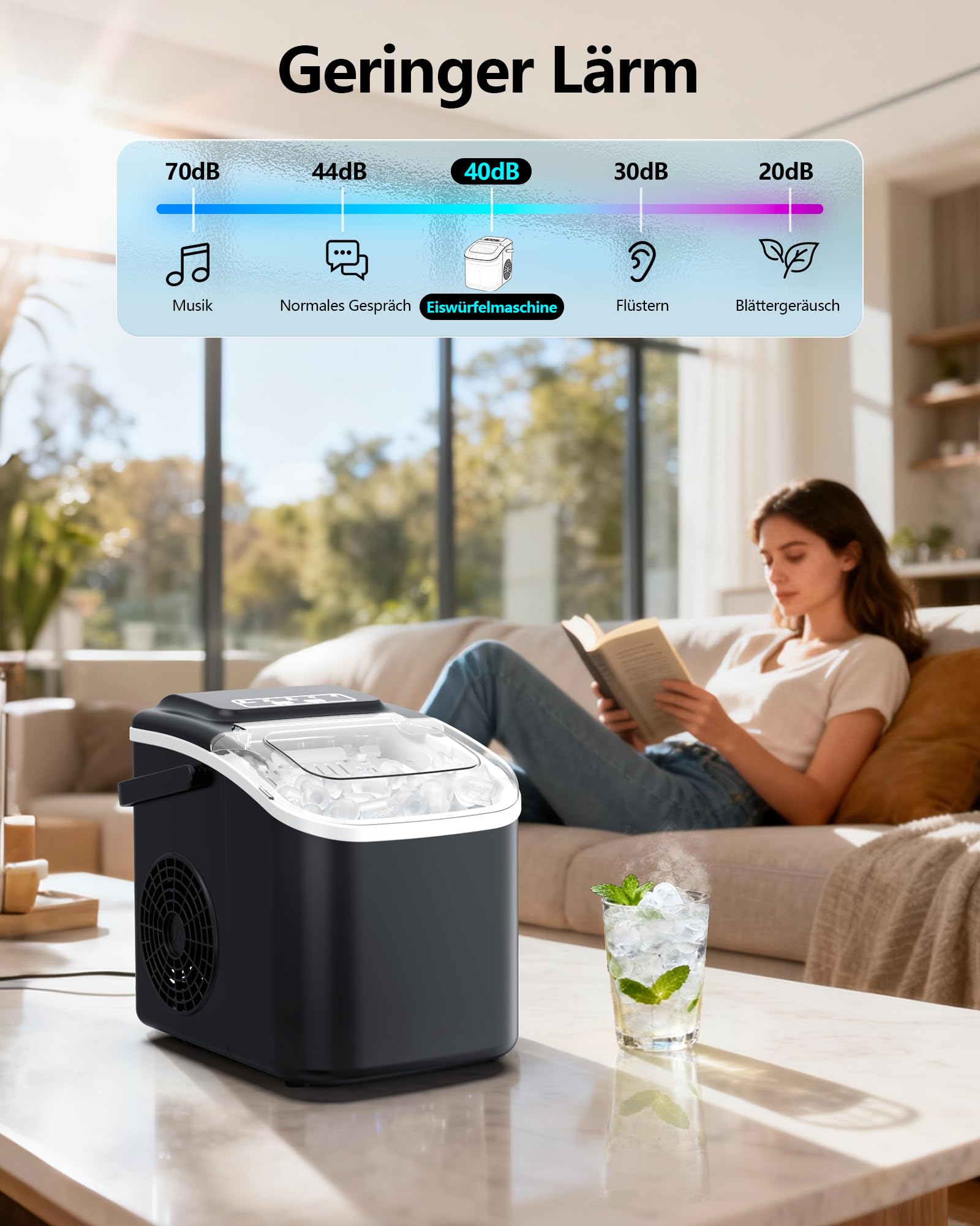 Eiswürfelmaschine Klein Ice Maker Machine: Tragbarer Eiswürfelbereiter, 12kg/24H, 8 Eiswürfel in 6 Min, 2 Eiswürfelgrößen,Mini Eiswürfelmaschinen mit Selbstreinigung für Zuhause/Küche/Camping/Party/RV