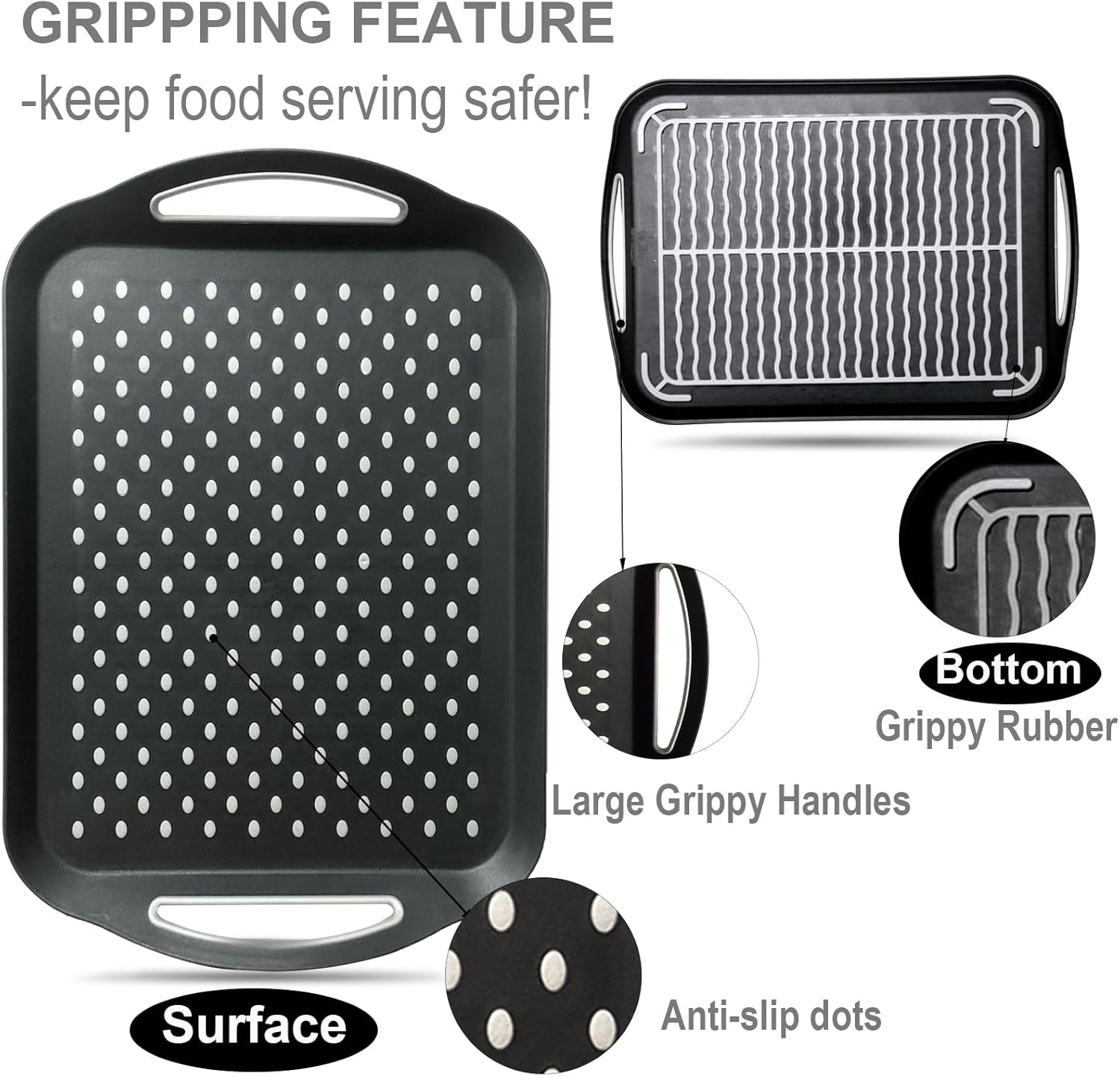 ECOIOU Larger Nonslip Food Serving Tray, 17.9'' x 12'' Grippy Handles Surface Bottom Design, Perfect Trays for Eating, Lap, TV, Couch, Black, Set of 2