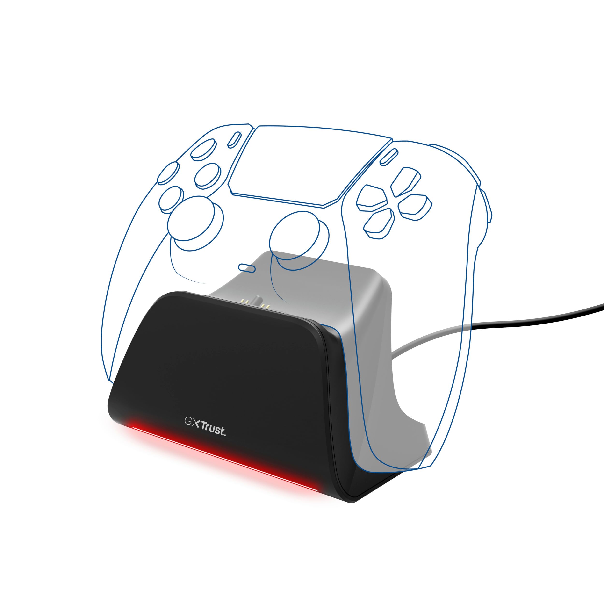Trust GXT 255 Caricatore Joystick PS5, Base Ricarica DualSense PS5 con Design Place-on, Ricarica Veloce, Illuminazione LED, Cuscinetti Antiscivolo, Cavo USB-C-C Incluso, Accessori PlayStation 5, Nero