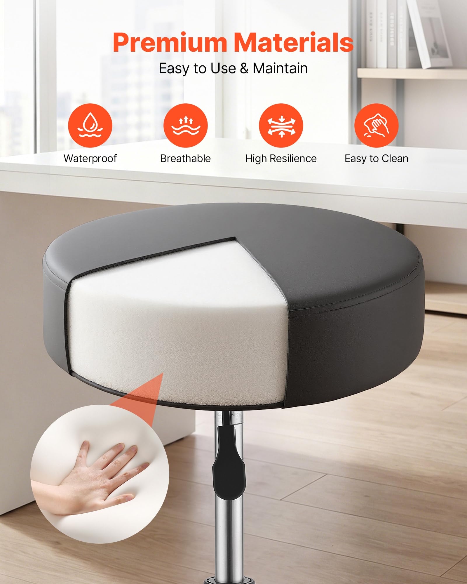 VEVOR Taburete Giratorio de Trabajo, Taburete con Ruedas, Capacidad de Carga de 226,8 kg, Altura Ajustable de 55-71 cm, Giro 360°, Asiento Ergonómico Acolchado, para Oficina Estudio Clínica Hogar