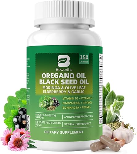 Miniatura 7 de Aceite de orégano con aceite de semilla negra - Cápsulas de aceite de orégano Moringa, saúco, equinácea, ajo, hinojo - Aceite de orégano Carvacrol