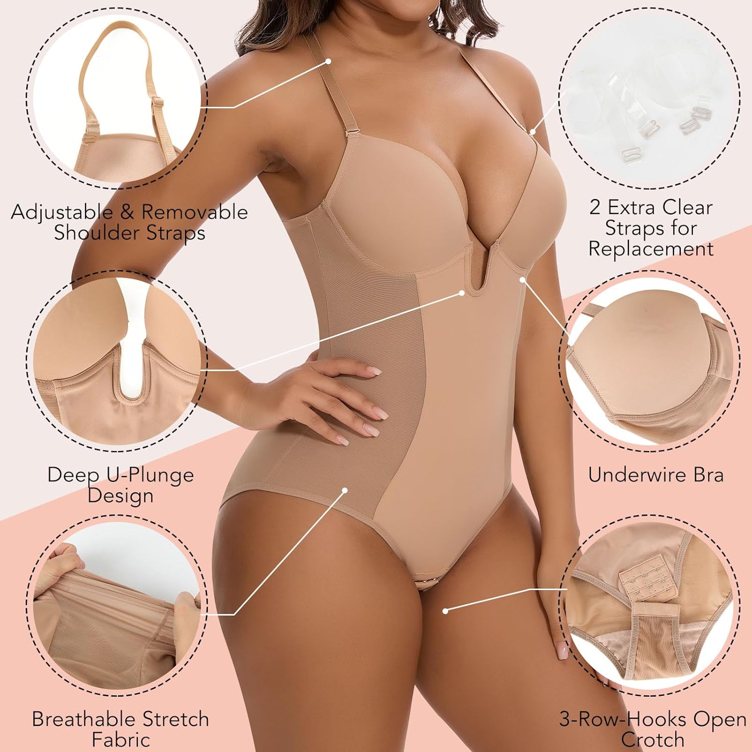 SHAPERIN Women's Backless Body Shaper Bra Faja U Plunge Low Back Thong Shapewear Tummy Control Deep V Bodysuit - Image 3