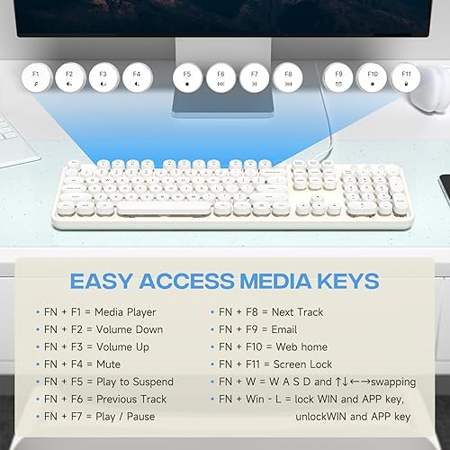 Miniatura 6 de Teclado de computadora con cable, teclado USB retro redondo para máquina de escribir, teclado con cable de tamaño completo con soportes plegables