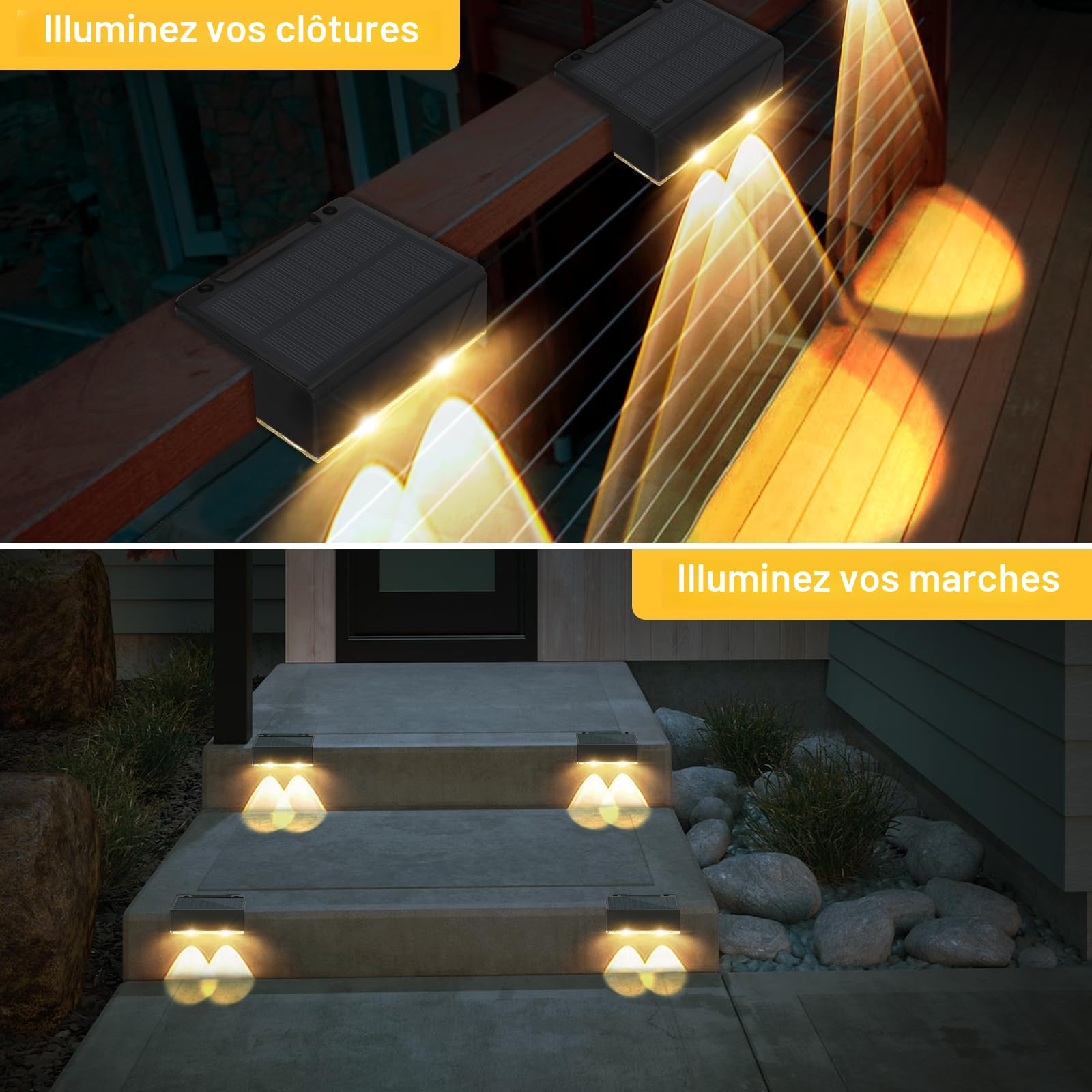 Liyade Lampes solaires pour l'extérieur, 4 lampes solaires pour jardin extérieur, appliques murales solaires à 3 modes pour l'extérieur, éclairage solaire pour mur, marches, clôture, porche, terrasse