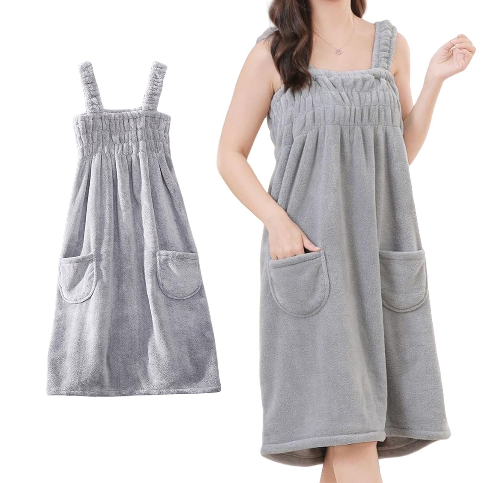 Women's Adult Bath Robe Towel Cloth with Pockets, Absorbent, Quick Drying, Bathwear, After Bathing, Pool, Hot Springs, Gym, Travel, Fluffy, Changing Towel, Autumn gray Free size