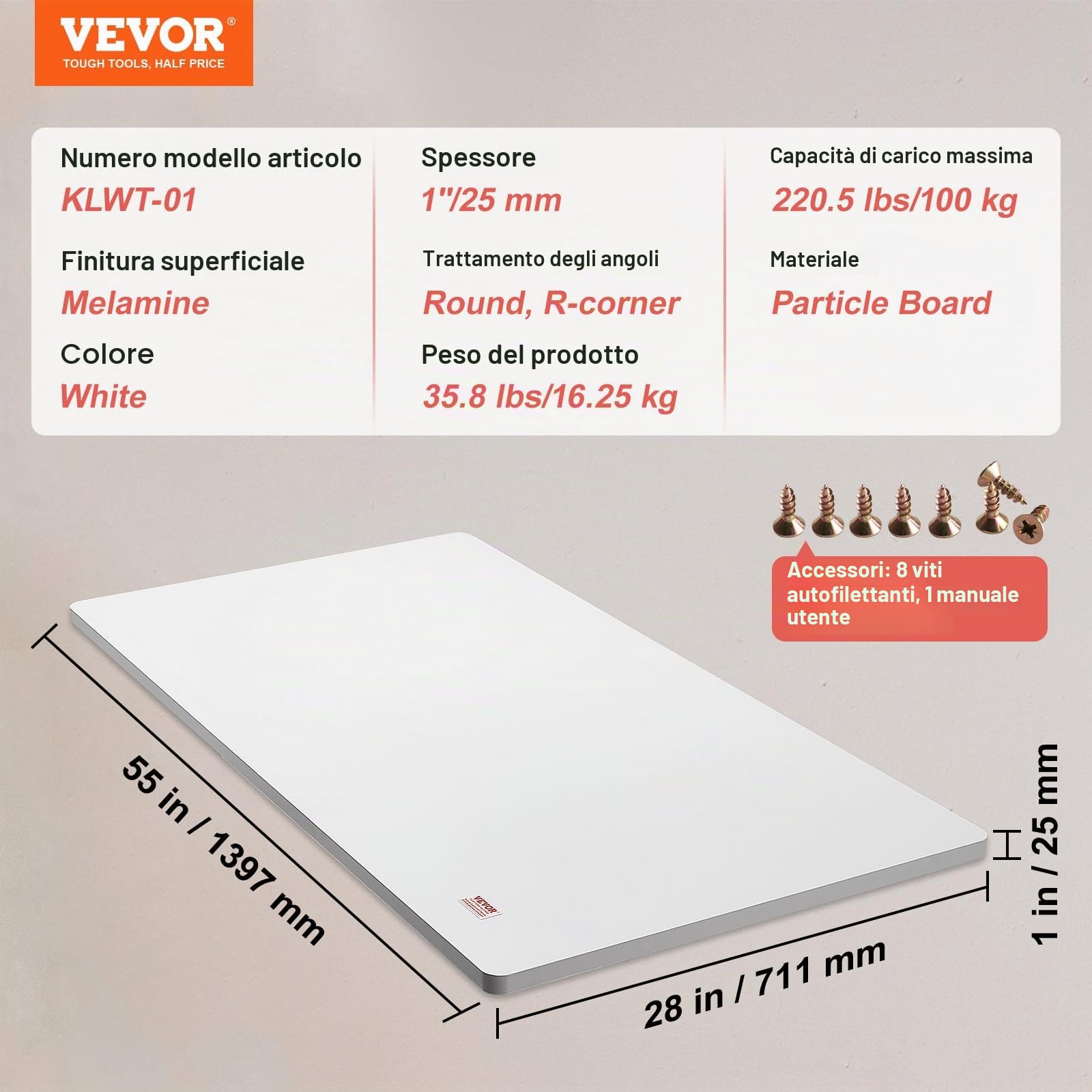 VEVOR Piano Scrivania 139,7x71x2,5 cm Portata max. 100 kg, Piano in Truciolare per Tavolo Scrivania, Piano Tavolo Lavoro Tavolo da Pranzo, Pannello per Tavolo Banco di Lavoro in Legno Truciolare