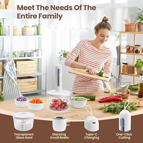 Miniatura 4 de Procesador de alimentos de vidrio, molinillo eléctrico inalámbrico de carne y procesador de alimentos para bebés, con cuchillas dobles grandes y