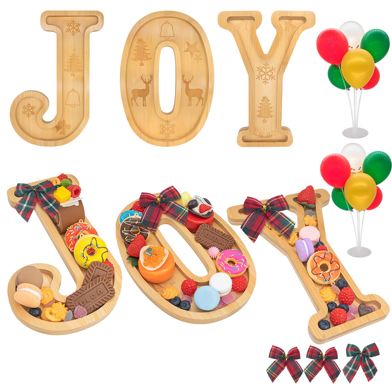 3PCS Bamboo Christmas Decorations Letters Charcuterie Board Box-(with 14 Balloons and Bow) Joy Charcuterie Letters Fillable Food Christmas Party Supplies Table Decoration Food Tray Platter