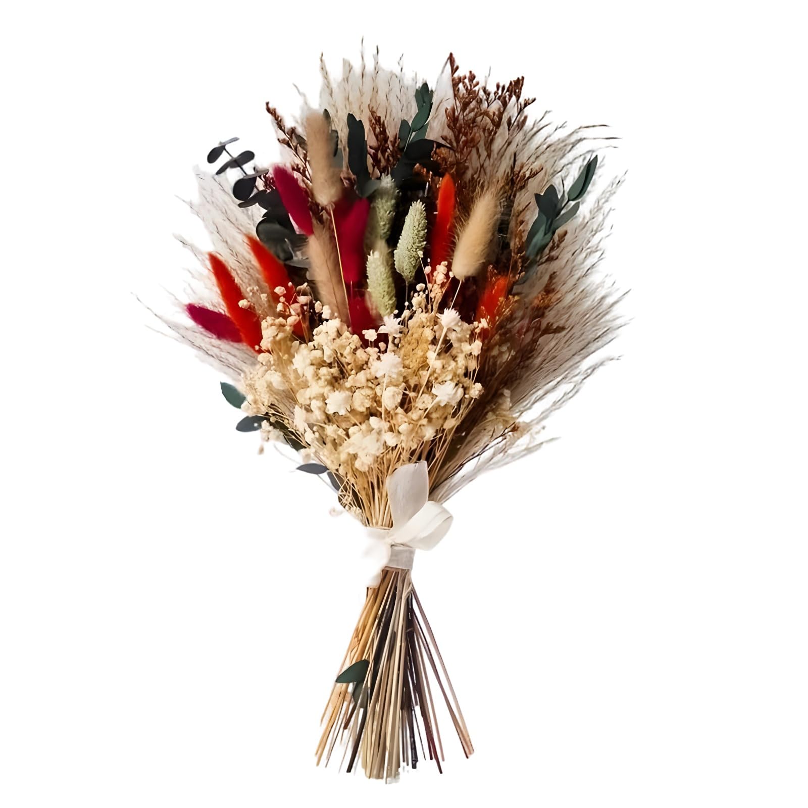 Bouquet de Fleurs séchées 55 pièces, 17 po, 43 cm, déco bohème en Herbes de Pampa, Fleurs séchées lagurus, Plantes variées, Tons terreux, avec Ruban et Emballage de Protection