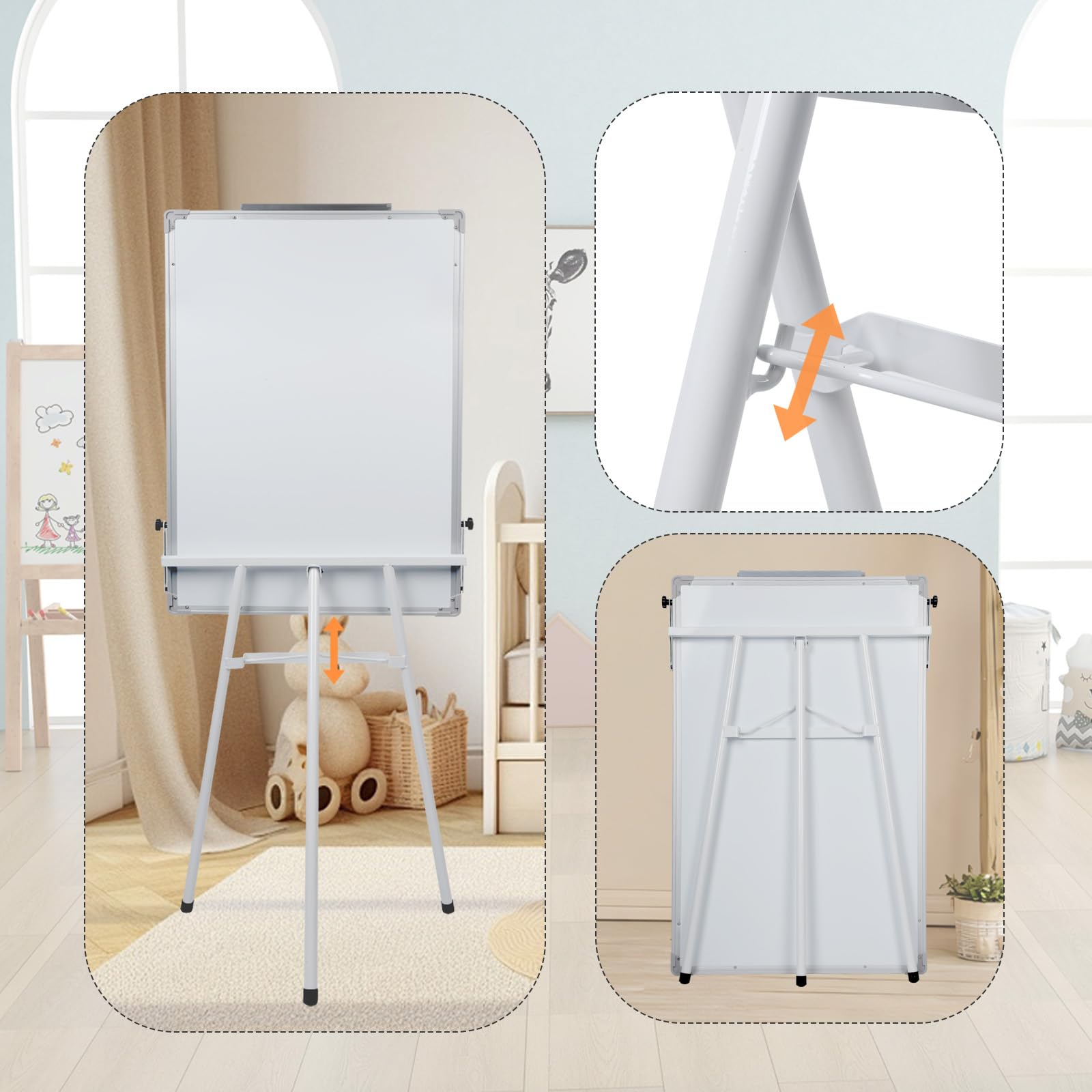 OHMG - Lavagna Bianca Cancellabile su Cavalletto, Efficace a Secco, Magnetica, Altezza Regolabile con Supporto, Mobile, Portablocco per Conferenze (70 * 90 cm - Bianco)