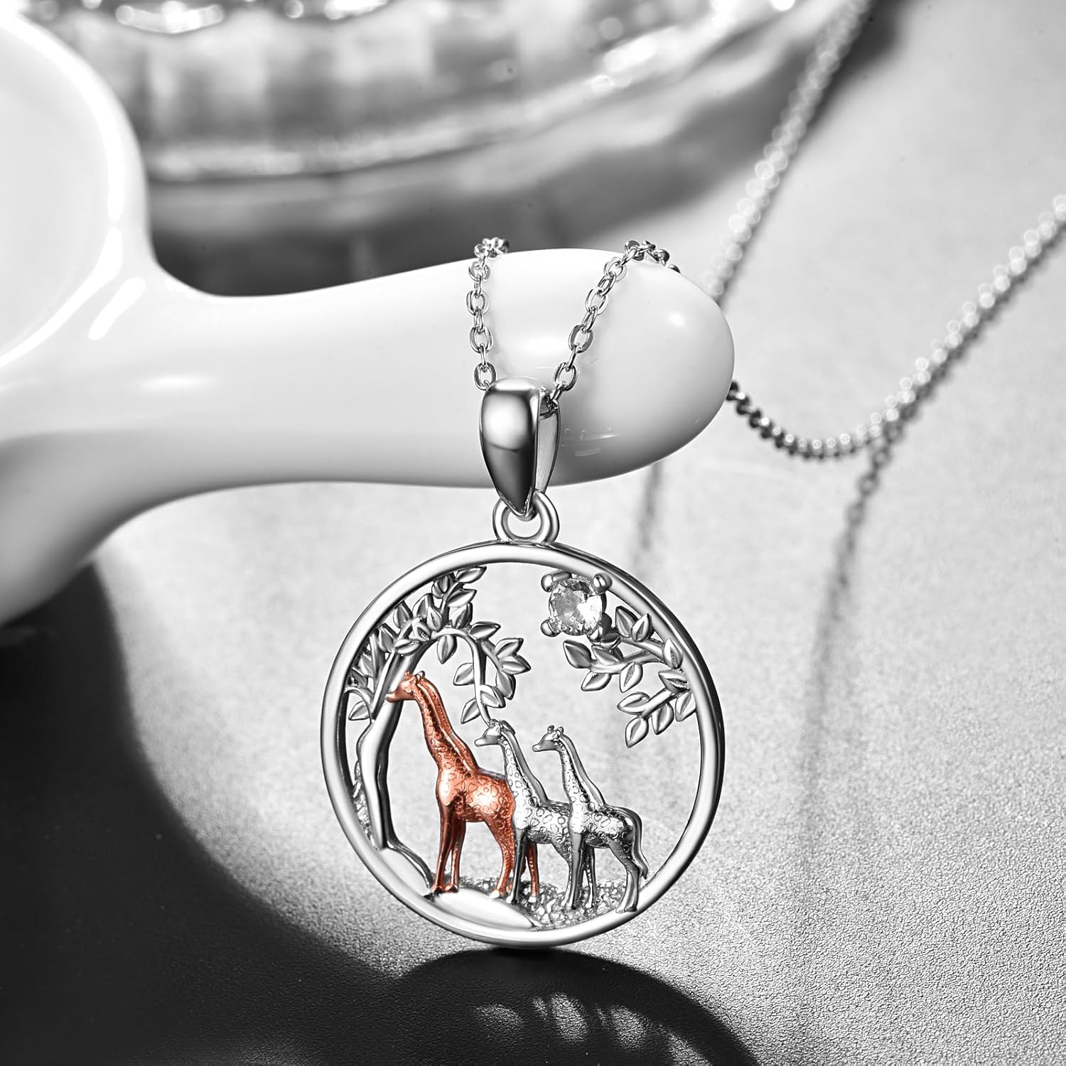KINGWHYTE Giraffe Necklace Gifts for Women 925 Sterling Silver Three Giraffe Family Tree Pendant Birthstone Jewelry Birthday Gift for Her
