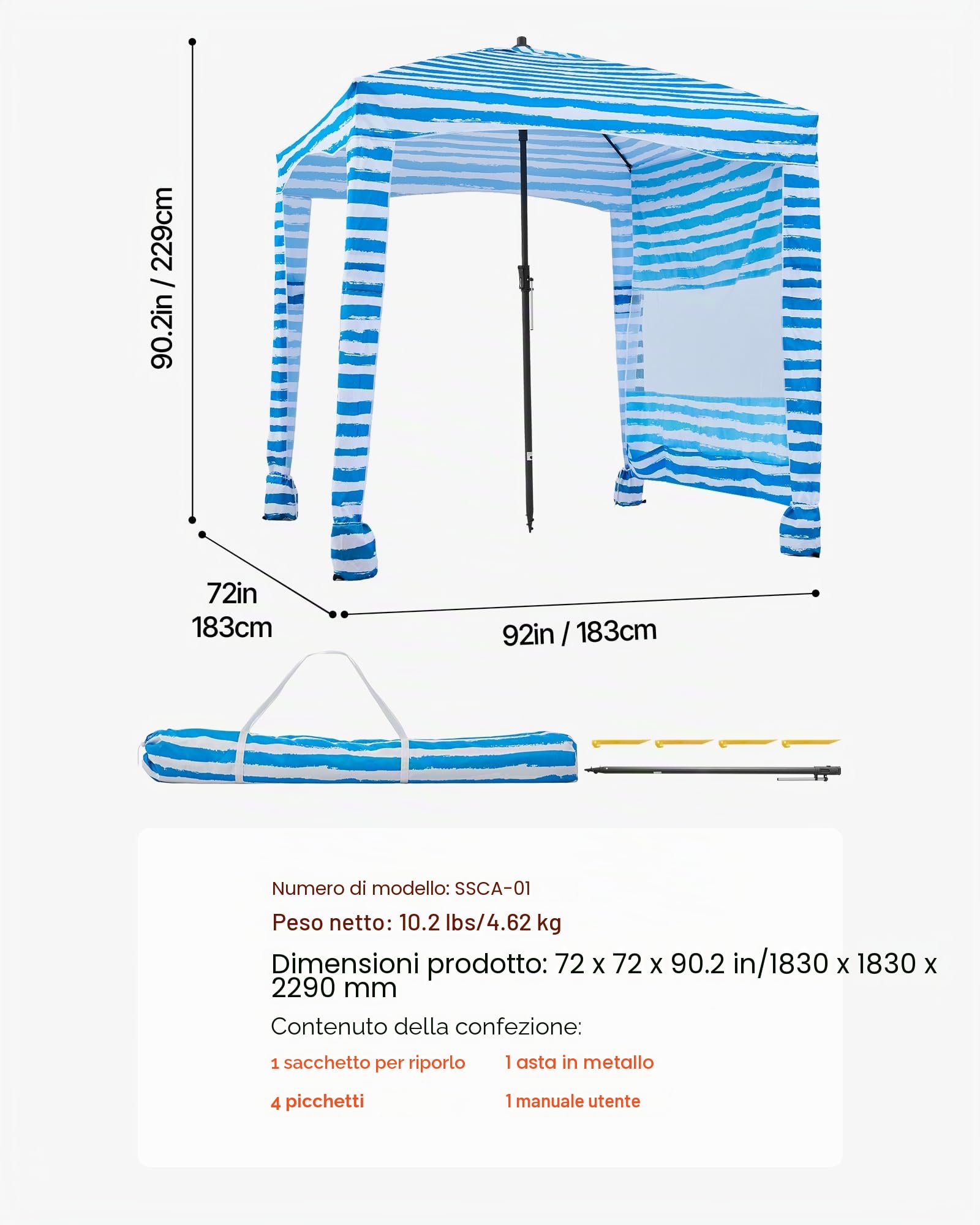VEVOR Tenda da Spiaggia da 1830 x 1830 x 2290 mm, con Parete Laterale e Tasche per la Sabbia, Ombrellone Parasole Portatile Regolabile in Altezza per Famiglia e Amici, Blu Chiaro Striature Bianche