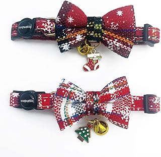 Cognatio 2 Pack Cat Collars with Removable Bow Tie and Bell, Safety Quick Release Kitten Collars, Adjustable 20-30 cm (20-30cm, Christmas Red+Green)