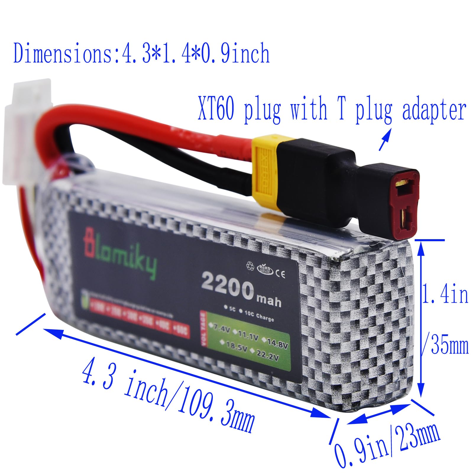 Blomiky 2 Pack 11.1V 2200mAh Lipo Battery With XT60 Plug & Charger For RC Cars, Drones