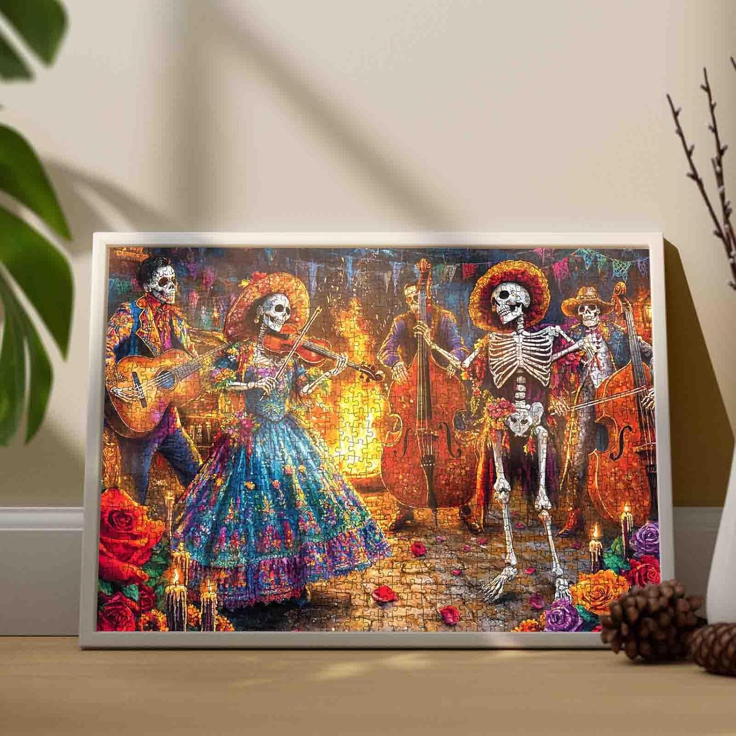 Skeleton Band Playing Music at Festive Night 1000 Piece Jigsaw Puzzle for Adults Students 20×27 Inches Colorful Day of The Dead Instruments Traditional Dress Fun Halloween Puzzle Gift for Collectors