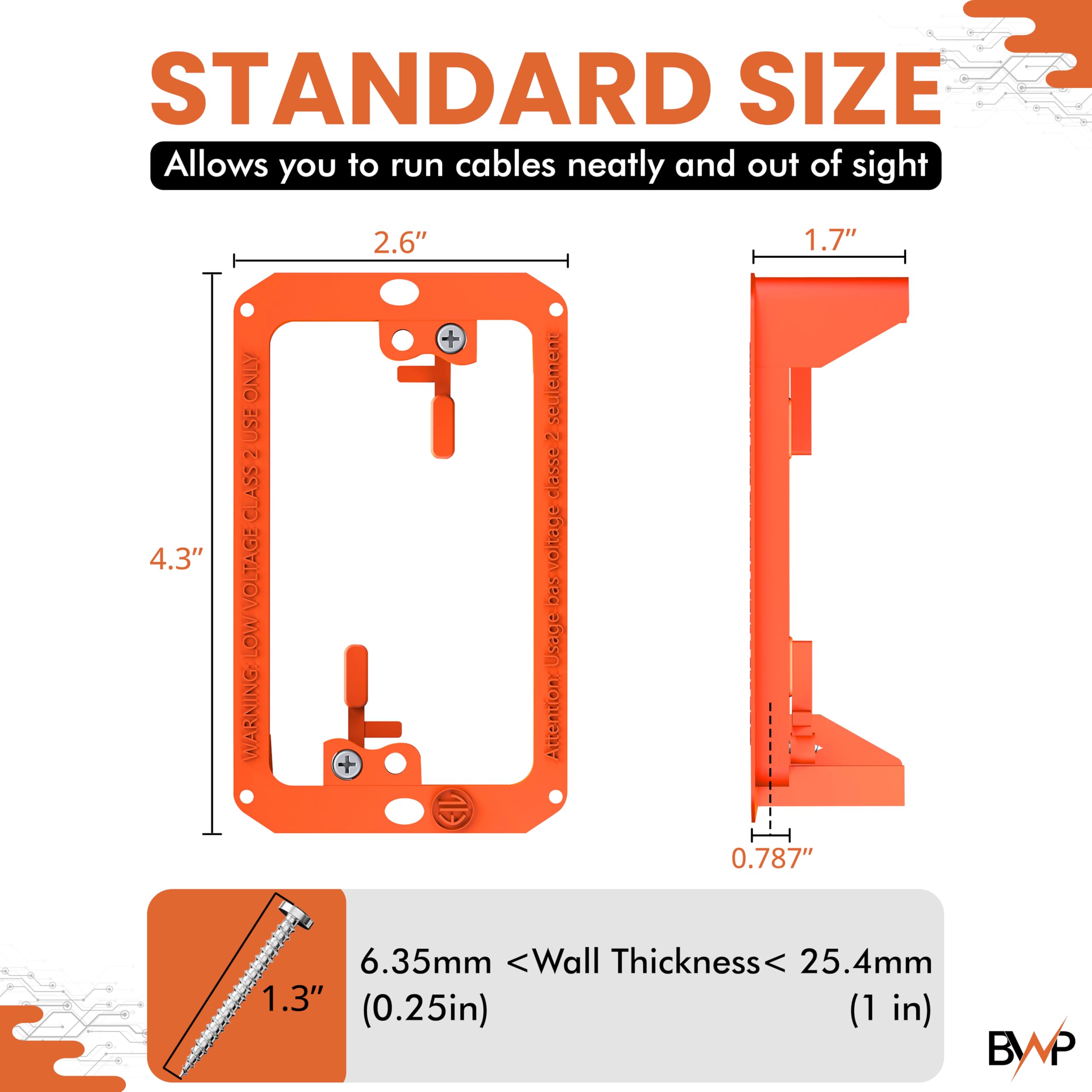 BWP Low Voltage Mounting Bracket 1 Gang, 12 Pack for Single Gang Wall Plate, Telephone Wires, Network Cables, HDMI, Coaxial, Speaker Cables - Low Voltage Box Cable Wall Plate Bracket, Mud Ring — Amazon image 2