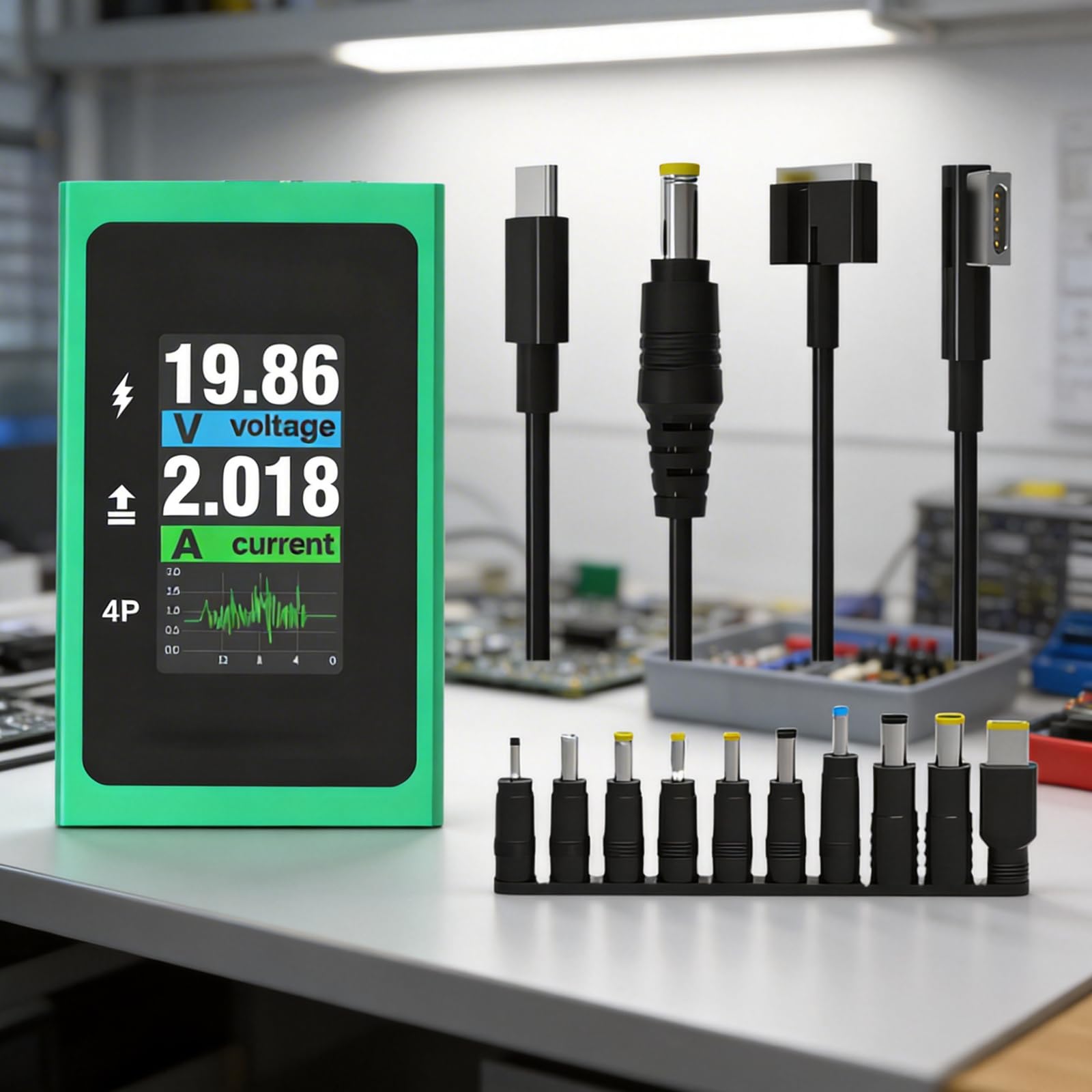Cable de alimentación de 100 W para reparación de portátiles con 10 adaptadores, adecuado para varios modelos y fuente de alimentación para portátil con visualización en tiempo real