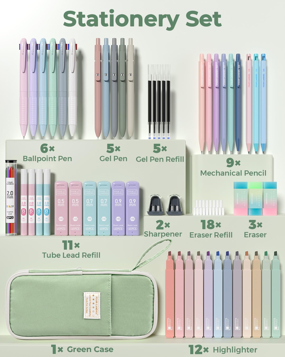 Four Candies Lot de 56 articles pour l'école avec grande trousse, 6 stylos à bille colorés, 12 surligneurs pastel, 5 stylos gel encre noire, 9 porte-mines de 0,5 à 2,0 mm