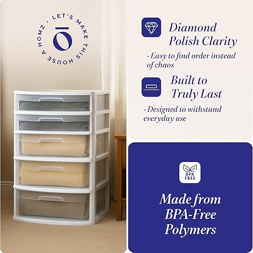 Miniatura 5 de HOMZ Torre de cajón, carrito organizador de almacenamiento de plástico transparente extra ancho de 5 niveles, marco blanco, contenedores