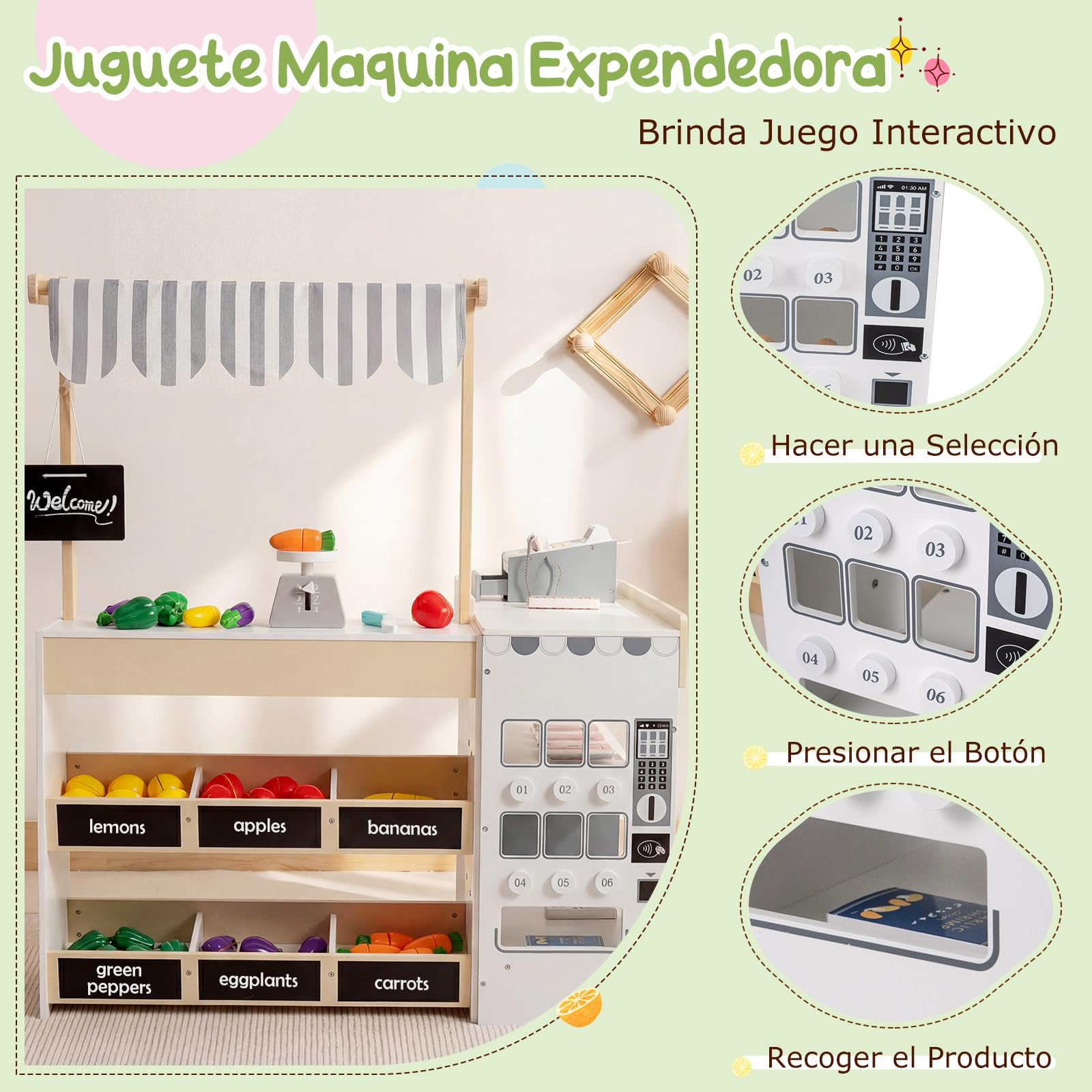 COSTWAY Supermercado Infantil de Madera, Set de Juego de Tienda para Niños con Carrito de Compras, Máquina Expendedora, Mostrador de Caja Registradora, Pizarras, Estantes de Exhibición