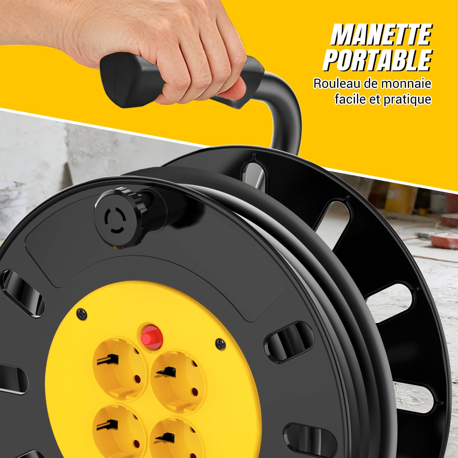 Rallonge électrique extérieure robuste, enrouleur de câble de 25 m, enrouleur à 4 prises avec protection thermique, prise UE 13 A, idéale pour les tondeuses à gazon et les outils électriques