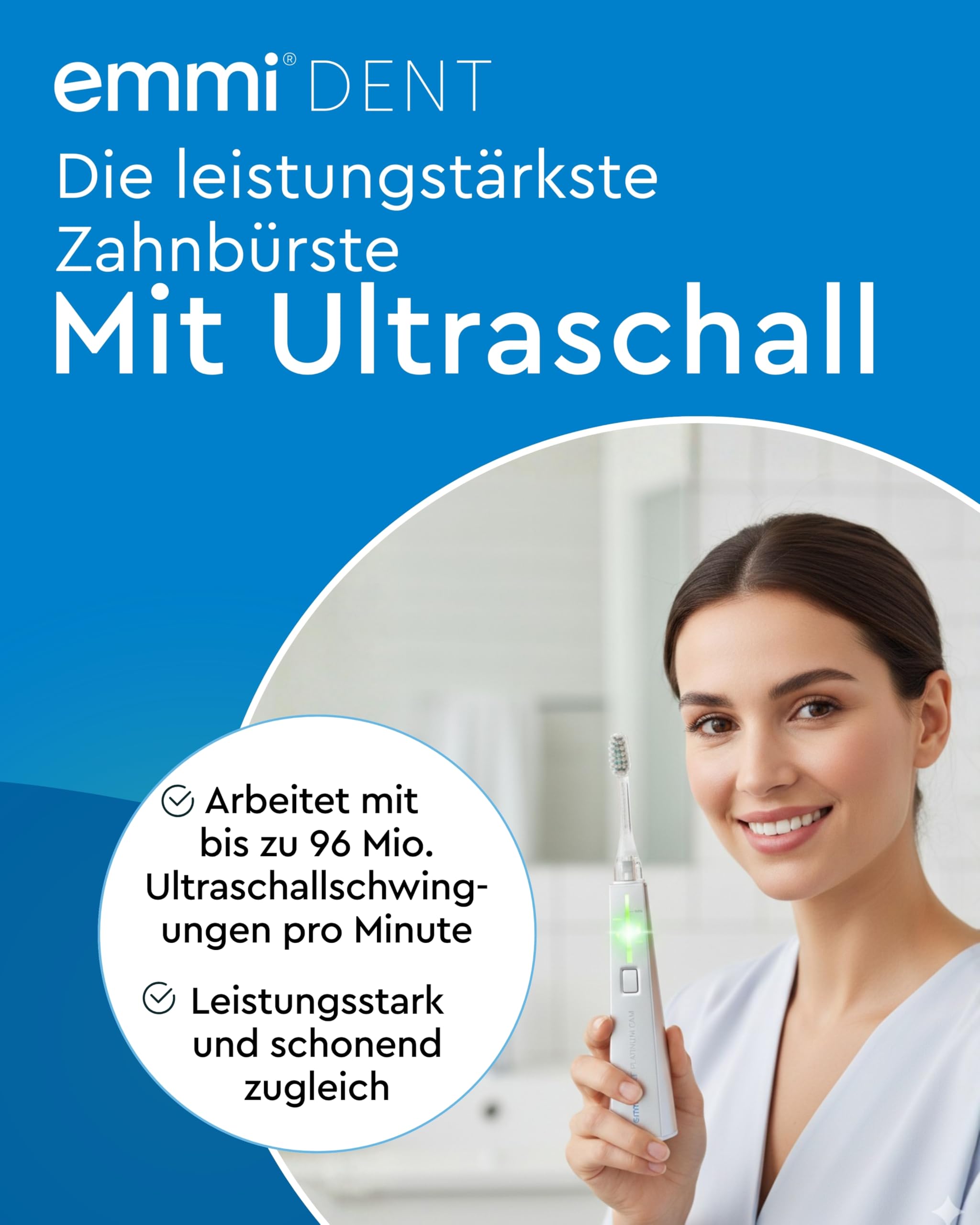 emmi-DENT Ultraschall Zahnbürste Platinum CAM in Weiß I Starter Set mit integrierter Kamera I inkl. Handteil, Ladestation, 2x Aufsatz & Zahnpasta I Plaque- & Zahnsteinreduzierung I Sanfte Reinigung