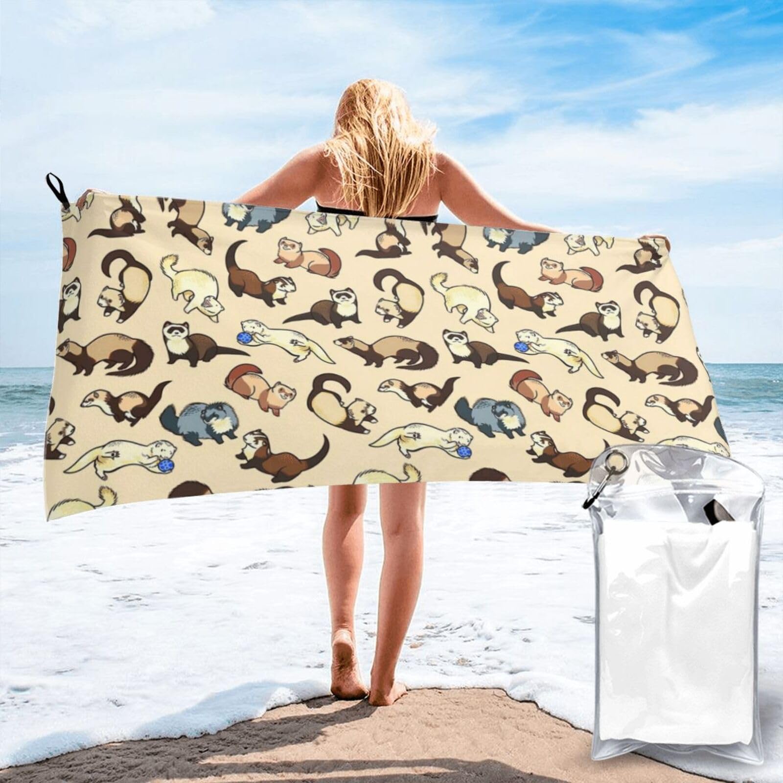 WYCZHY Hairy Ferret Print Beach Towel Soft Quick Dry For Spa Pool Gym Vacation Travelers Women Men Adults Sauna Gift