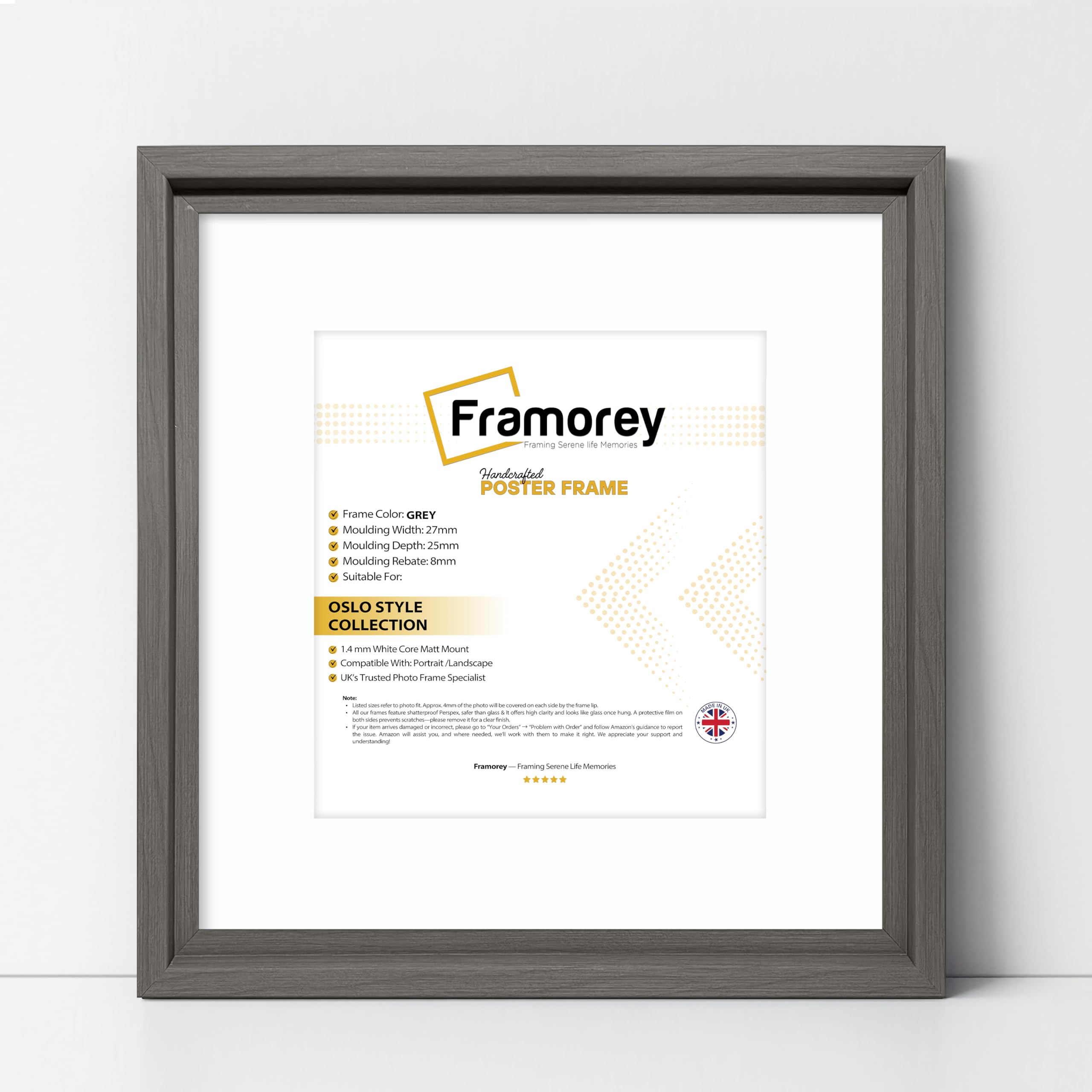 FRAMOREY Square Size Picture Frame, 13x13" Size Grey Photo Frame With 11x11" Size White Mount, Oslo Style Wall Art Frames, Photo College Frame