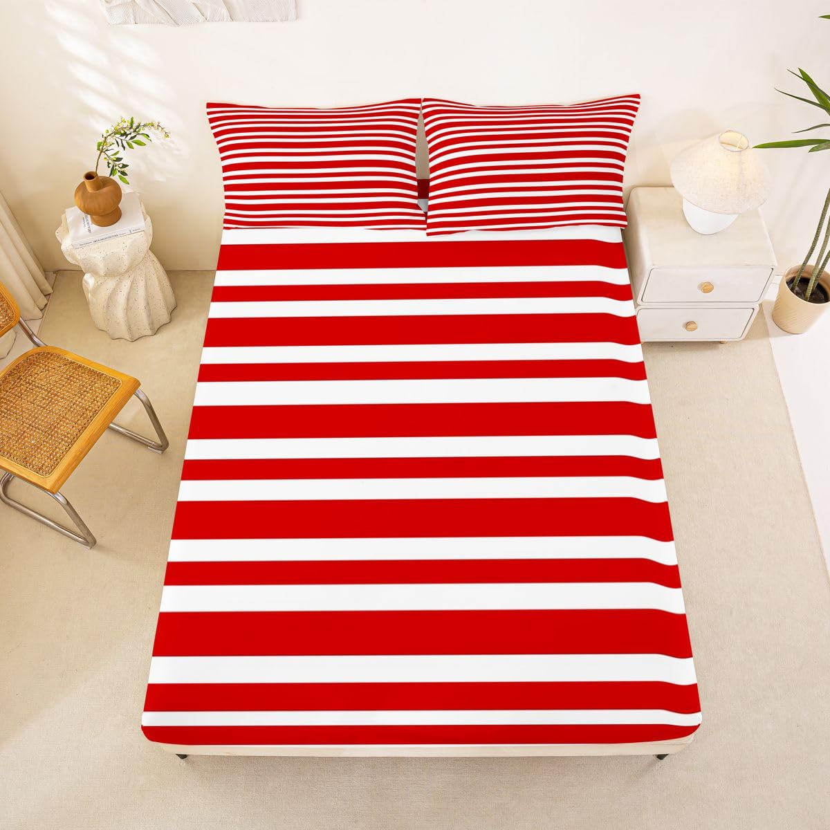 Homemissing Rouge Weiß Gestreift Carreau Drap Housse 180x200cm